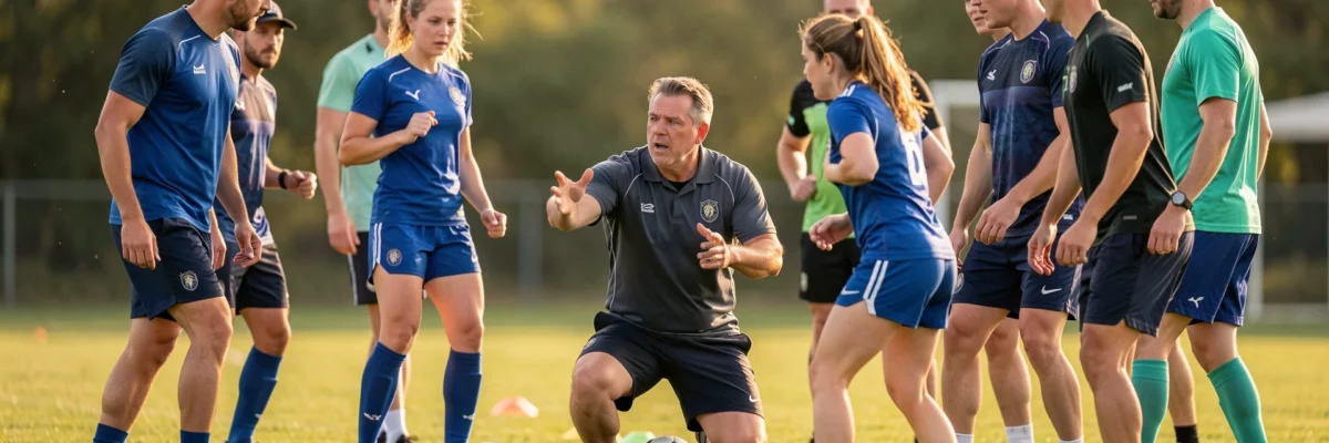 Entrenador de fútbol instruyendo a jugadores y jugadoras adultas en un ejercicio sobre césped natural