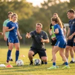 Entrenador de fútbol instruyendo a jugadores y jugadoras adultas en un ejercicio sobre césped natural