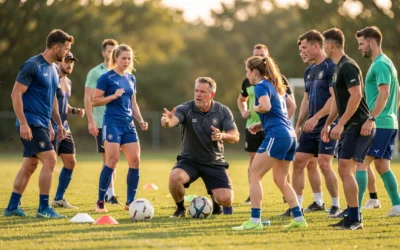 Entrenador de fútbol instruyendo a jugadores y jugadoras adultas en un ejercicio sobre césped natural