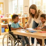 Niño en silla de ruedas participando en una actividad colaborativa en un aula inclusiva accesible de educación primaria