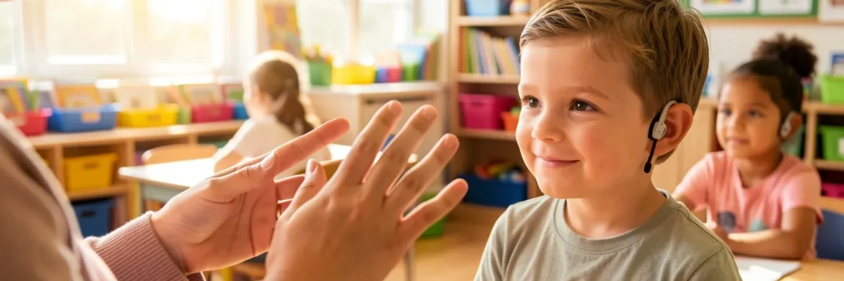 Niño con audífonos y maestra comunicándose en lengua de signos en un aula inclusiva de educación primaria