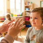 Niño con audífonos y maestra comunicándose en lengua de signos en un aula inclusiva de educación primaria