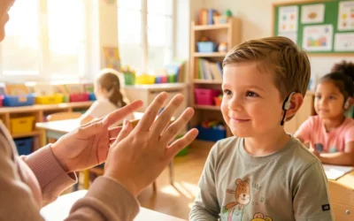 Niño con audífonos y maestra comunicándose en lengua de signos en un aula inclusiva de educación primaria