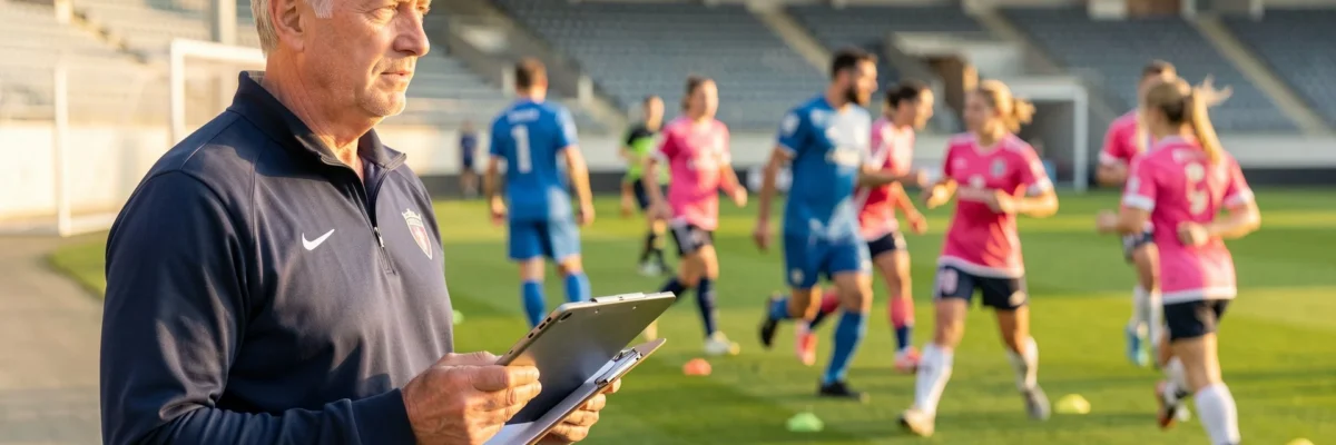 Entrenador principal de fútbol con tablet táctica observando a jugadores adultos en un campo de entrenamiento