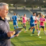 Entrenador principal de fútbol con tablet táctica observando a jugadores adultos en un campo de entrenamiento