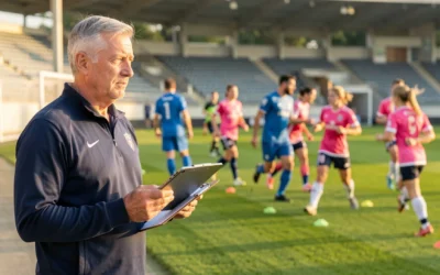 Entrenador principal de fútbol con tablet táctica observando a jugadores adultos en un campo de entrenamiento