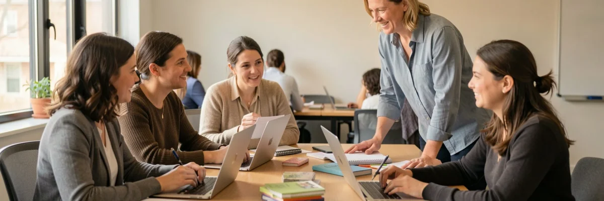 Maestras colaborando alrededor de una mesa con portátiles y libros en una sala luminosa, en una sesión de coordinación y apoyo mutuo.