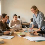Maestras colaborando alrededor de una mesa con portátiles y libros en una sala luminosa, en una sesión de coordinación y apoyo mutuo.