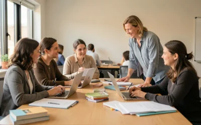 Maestras colaborando alrededor de una mesa con portátiles y libros en una sala luminosa, en una sesión de coordinación y apoyo mutuo.