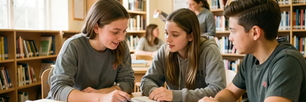 Tres estudiantes adolescentes colaborando en una biblioteca: una comparte una explicación en su tableta mientras sus compañeros toman apuntes y escuchan atentamente.