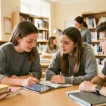 Tres estudiantes adolescentes colaborando en una biblioteca: una comparte una explicación en su tableta mientras sus compañeros toman apuntes y escuchan atentamente.