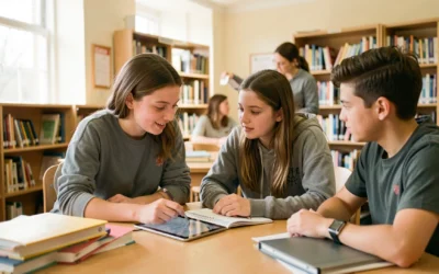 Tres estudiantes adolescentes colaborando en una biblioteca: una comparte una explicación en su tableta mientras sus compañeros toman apuntes y escuchan atentamente.